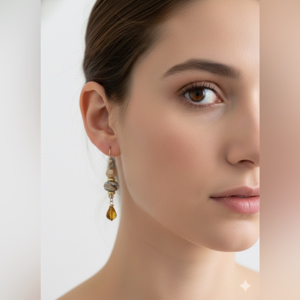 Handmade Amber Crystal Drop Earrings Gold Tone Glass Beads